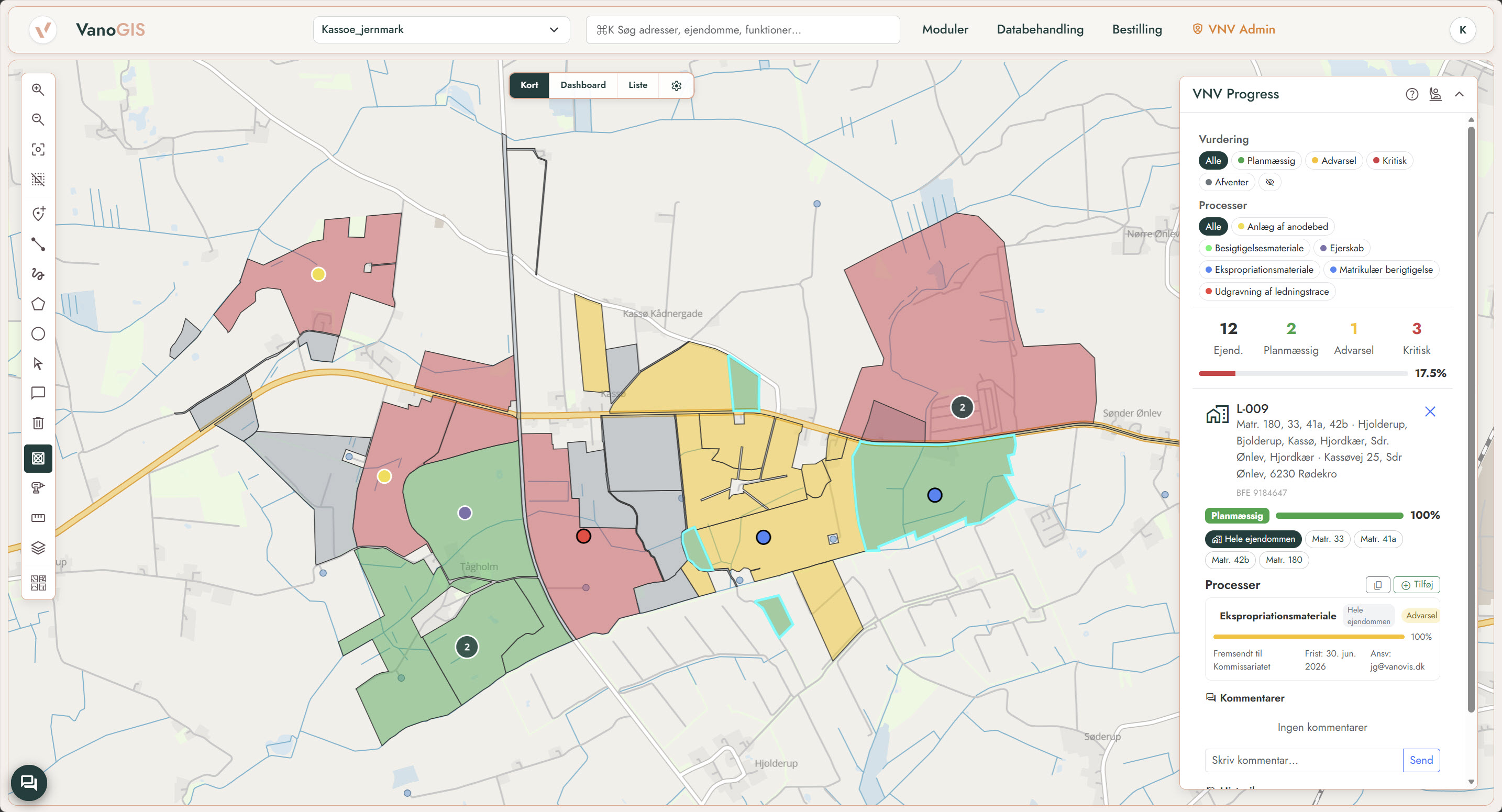 VNV Progress med statusfarvet kort og dashboard